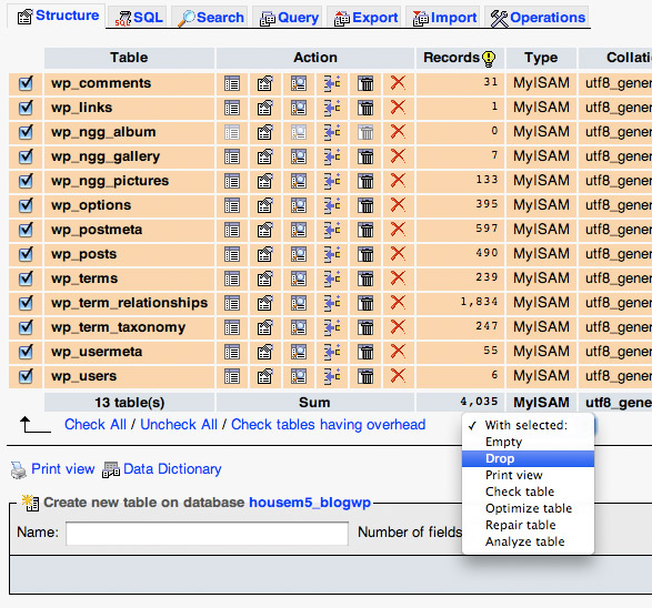Check all tables and select 'Drop'.